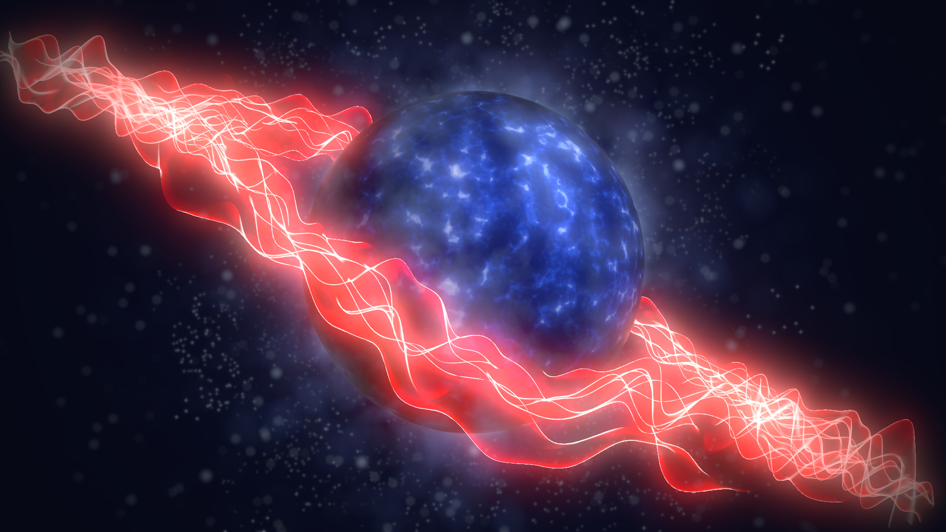 3D rendering. A blue planet in the center is surrounded by a red ribbon belt. The planet is glowing and surrounded in a white fog, also there are lots of white particles emitting. The ribbon belt is heavily stylized and glowing red. The background is dark.